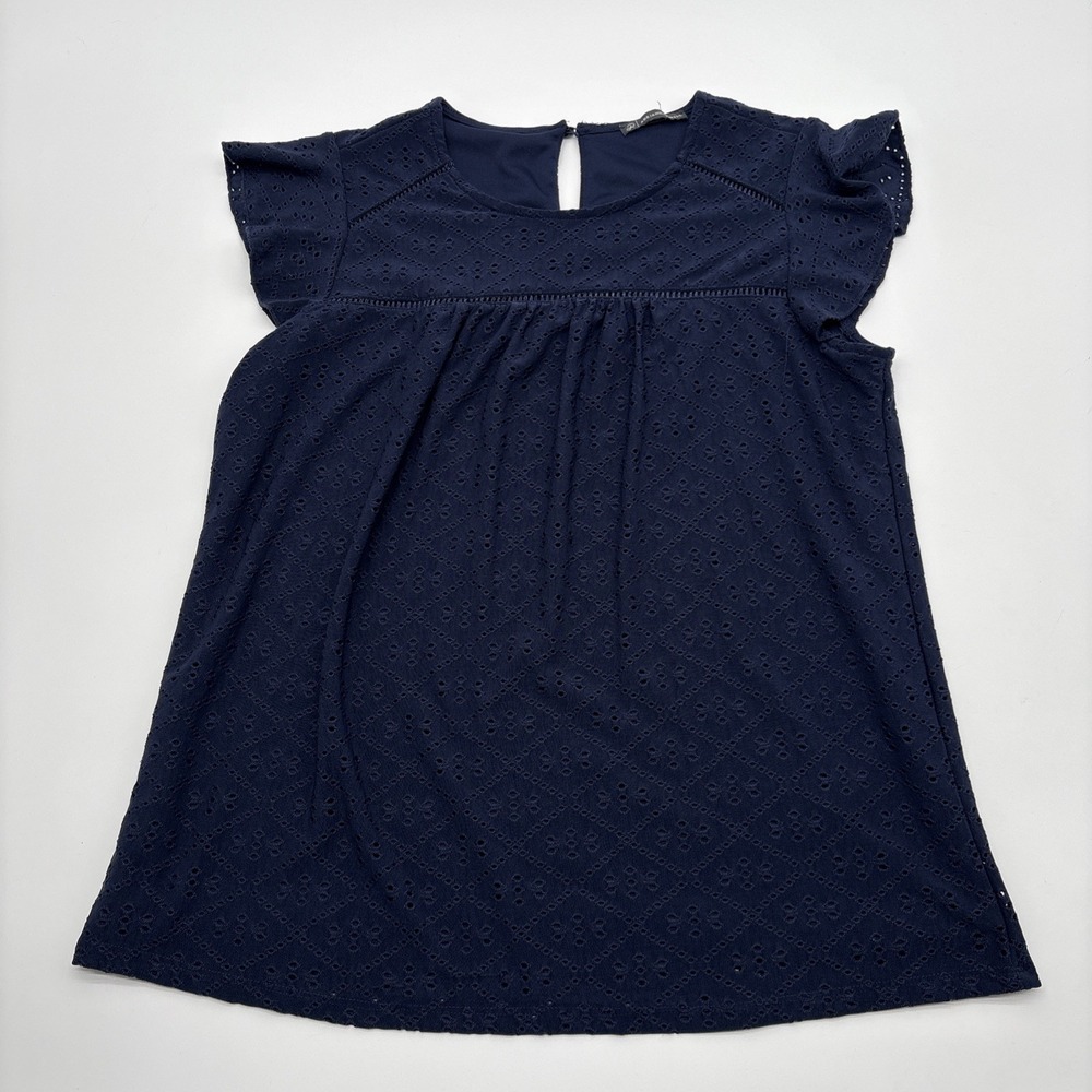 Adrianna Papell Womens Navy Eyelet Ruffle Flutter Sleeve Knit Blouse Top S